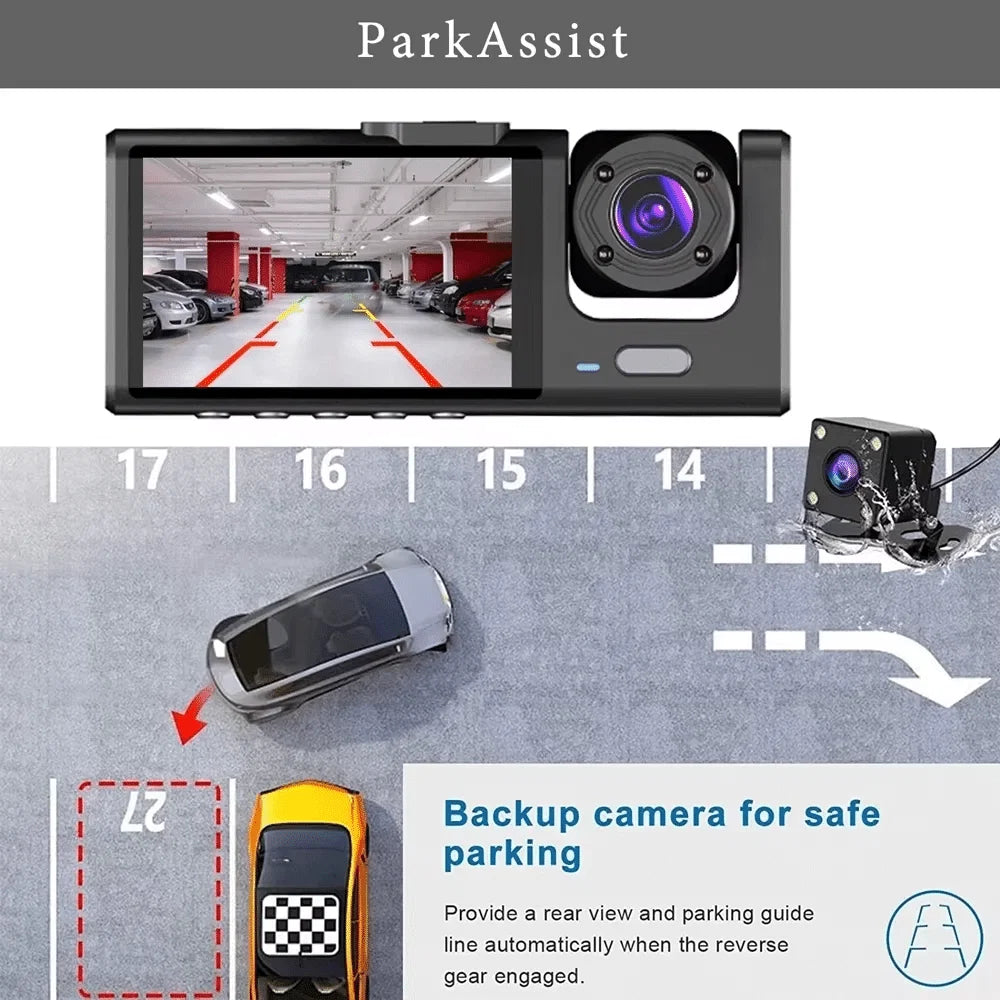 Three-Way DVR Dash Camera – Front, Rear & Interior Car Recorder