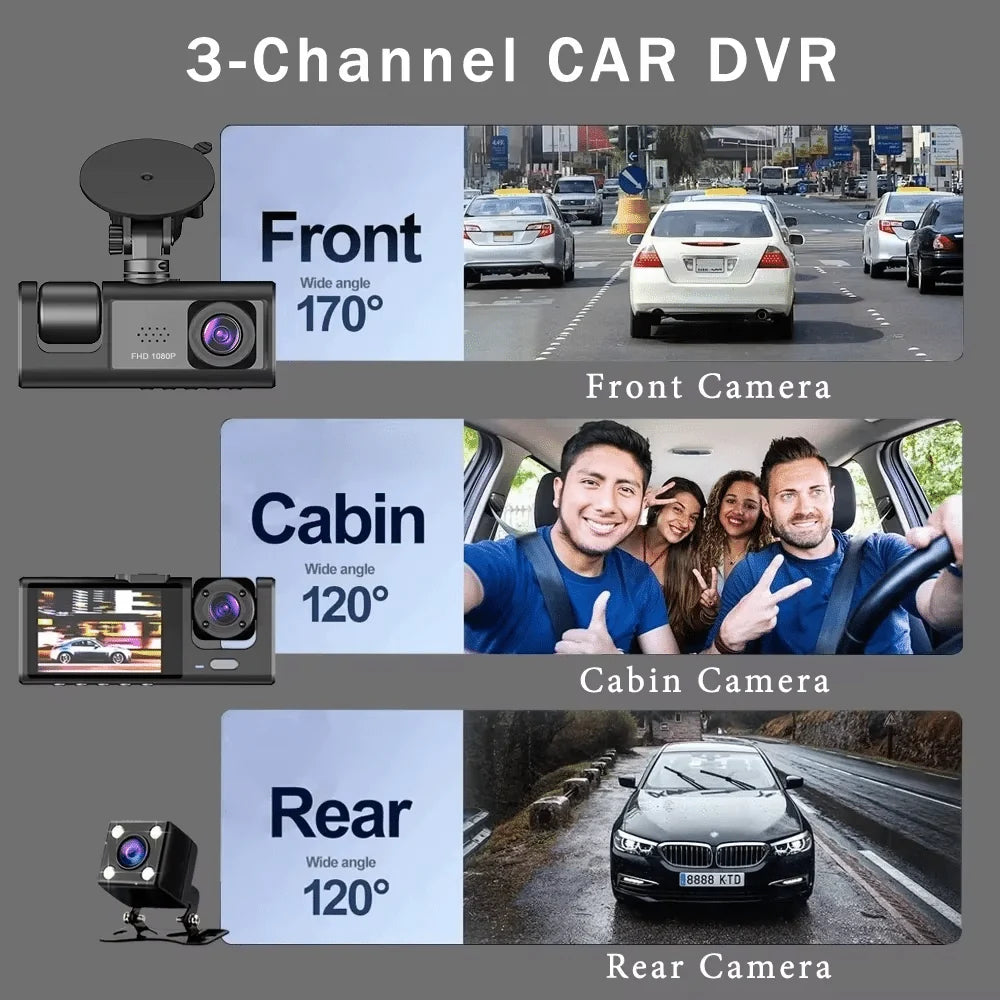 Three-Way DVR Dash Camera – Front, Rear & Interior Car Recorder