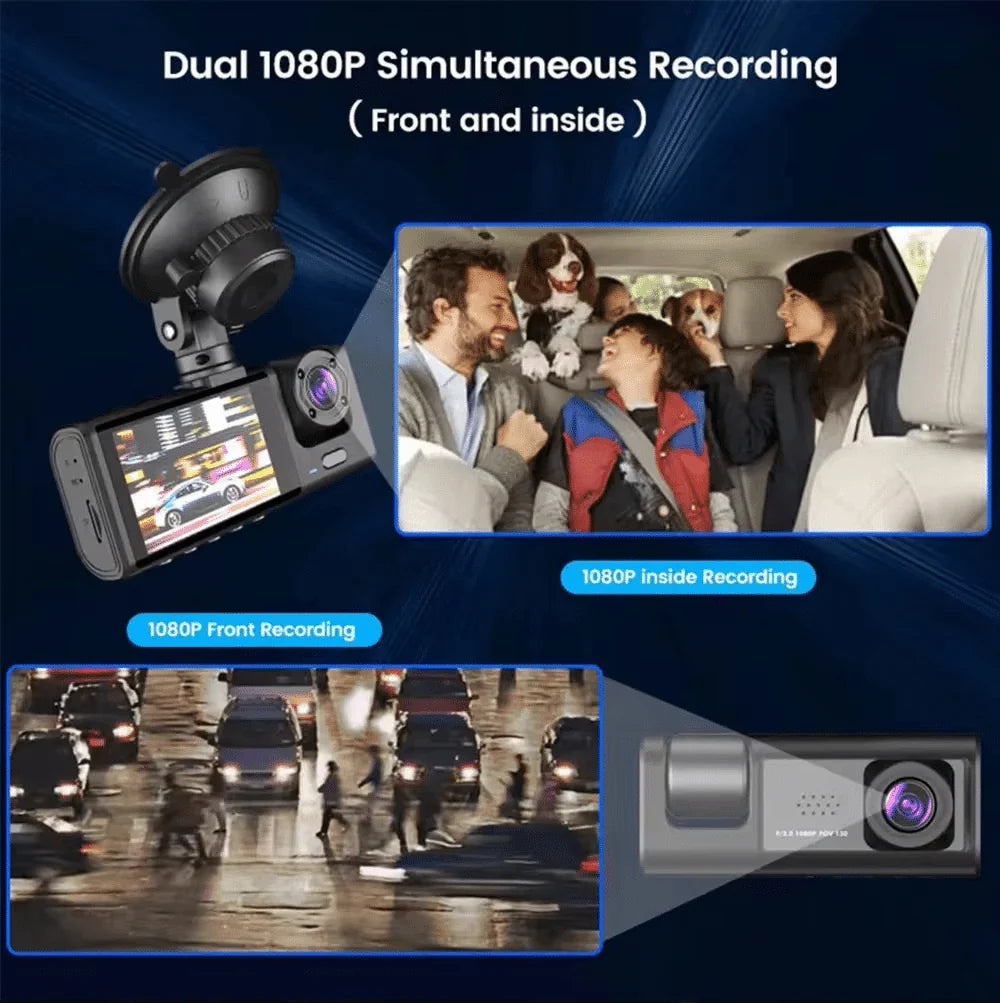 Three-Way DVR Dash Camera – Front, Rear & Interior Car Recorder